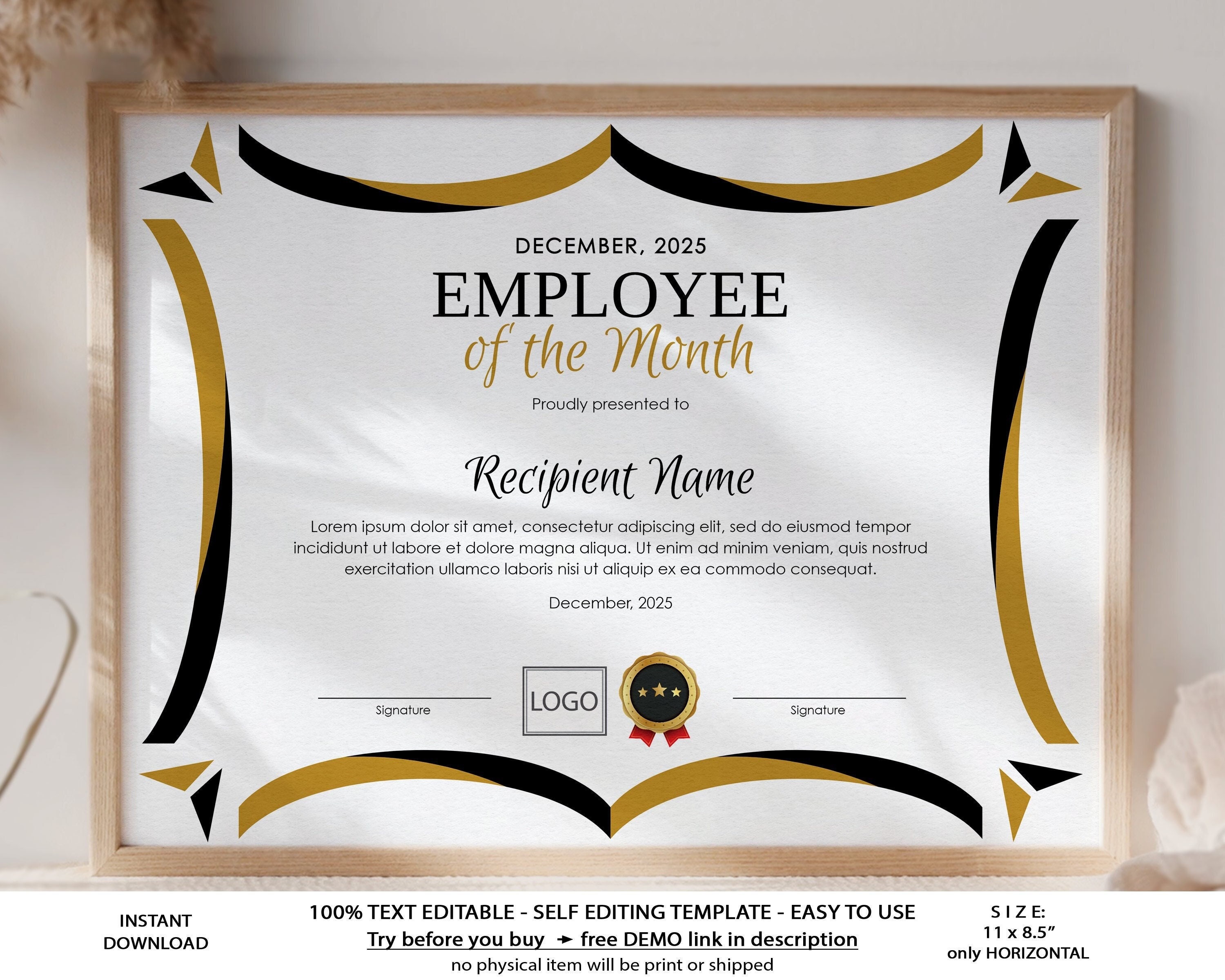 Editable Employee of the Month Certificate Template, Employee of the Month  Printable Award Template Instant Download Jet21 For Employee Of The Month Certificate Template With Picture