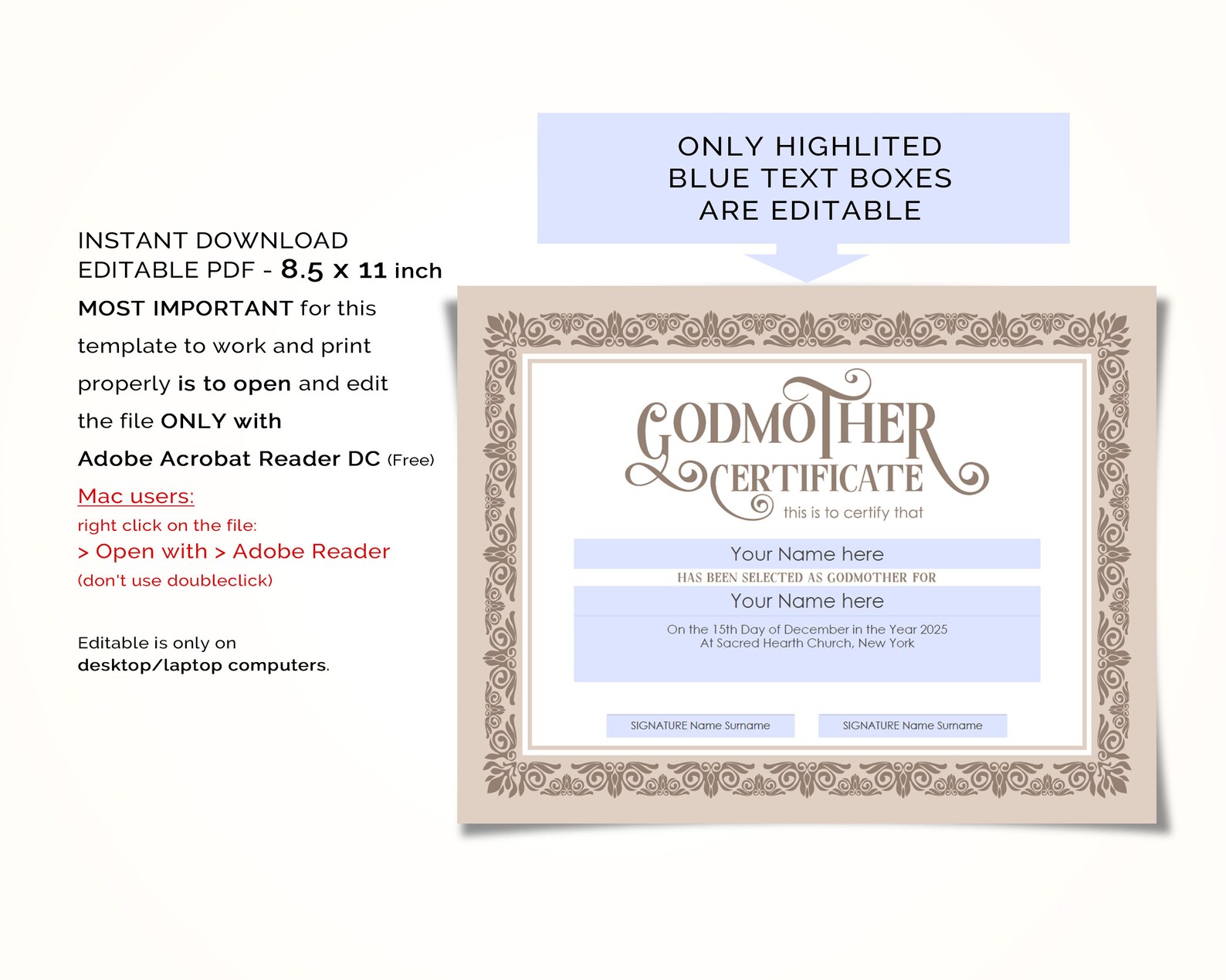 Editable Godmother Certificate Template Printable Baptism | Etsy