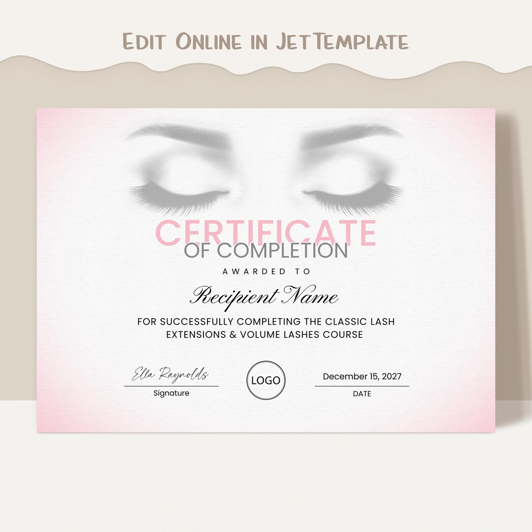 Certificate of Completion Eyelash Extension EDITABLE Printable Lashes ...