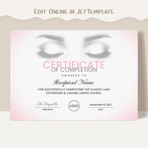 Certificato di completamento Extension ciglia MODIFICABILE Modello di certificato stampabile per ciglia, Corso di formazione sulle ciglia rosa Scarica 266