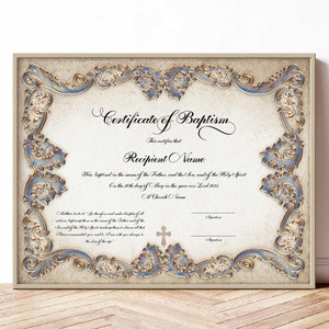 Plantilla de certificado de bautismo caligráfico, certificado de bautismo editable, certificado de bautismo de lujo, descarga Jet357
