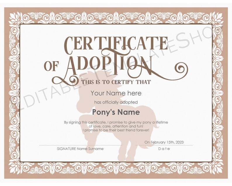 EDITABLE Certificate of Adoption Template Printable Pony | Etsy