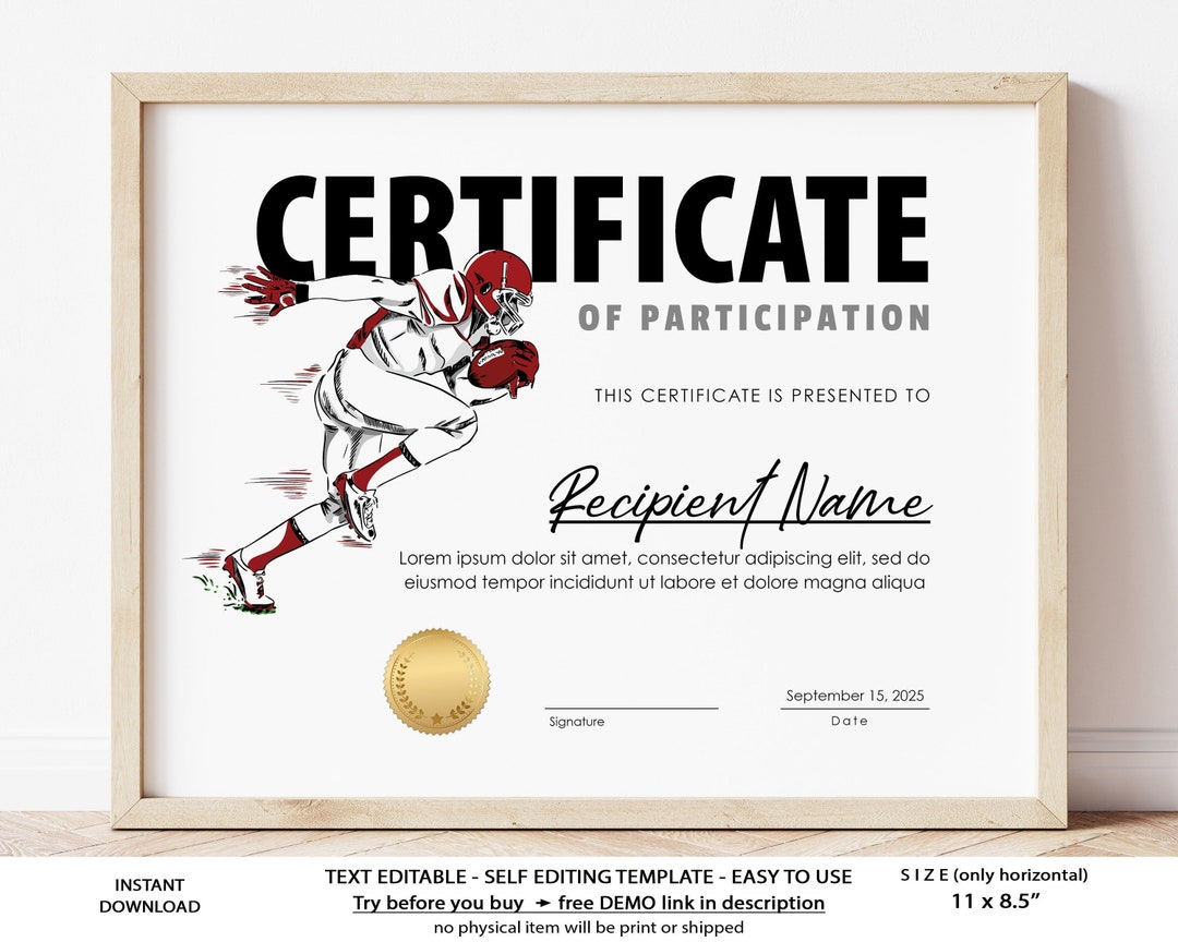 American Football Certificate Template Sports Certificate Award