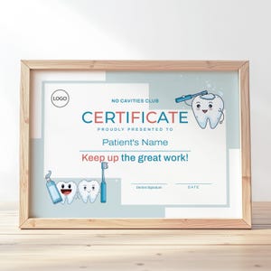 Editable Dentist No Cavities Club Certificate of Bravery Template Dental Clinic Kids First Visit Custom Certificate Digital Download, Jet143