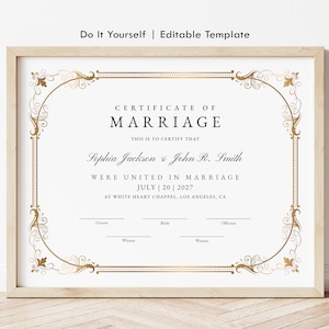 Bearbeitbare Heiratsurkunde Vorlage, Klassisches Hochzeitsandenken Zertifikat mit Goldrahmen, Anpassbares Geschenk für die Hochzeit Download Jet100