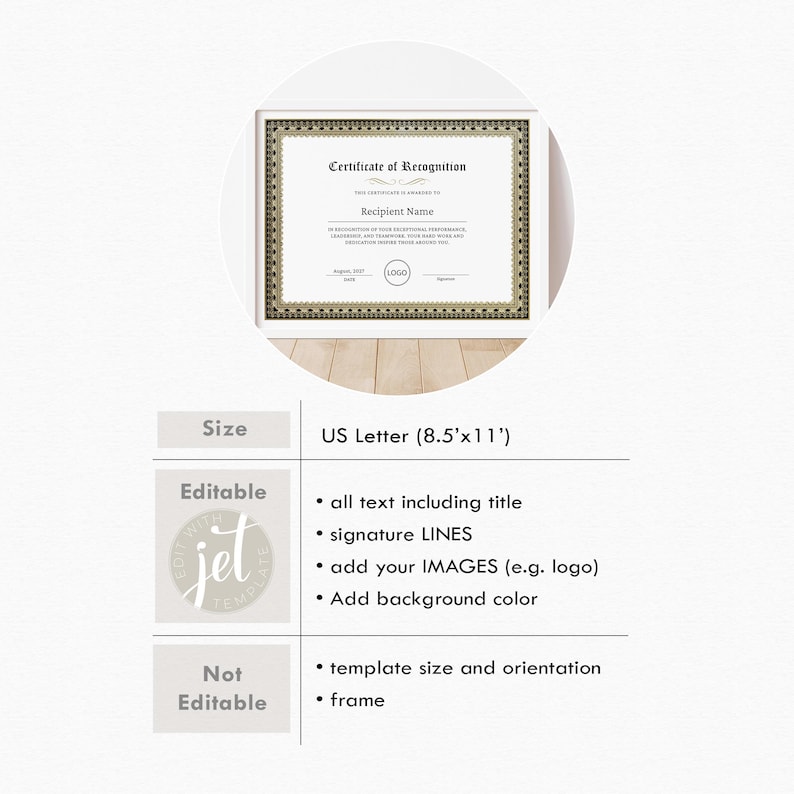 Recognition Certificate Template Editable Certificate of Recognition ...