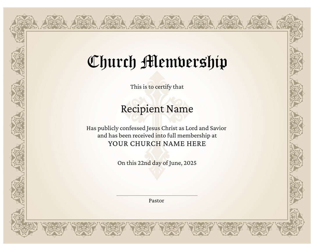 Church Membership Certificate Template Editable Printable Etsy