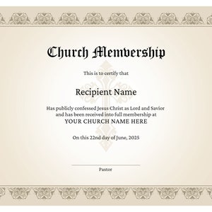 Church Membership Certificate Template Editable Printable Etsy