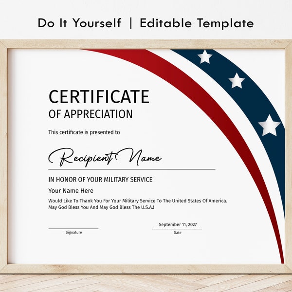 Military Service Appreciation Certificate American USA Flag Veteran's Certificate Patriot Day Retirement Certificate Digital Download Jet159