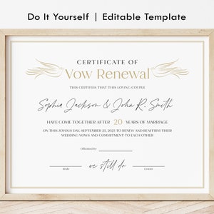 Jubiläumsurkunde für Gelübde Erneuerung, Ehe Andenken Bearbeitbare Hochzeitsgeschenkgutschein Vorlage Minimalistischer Digitaler Download Jet085