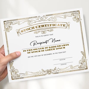 EDITABLE Stock Certificate Template, Printable Certificate of Stock ...