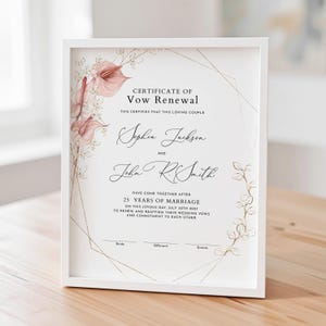 Boho Floral Vow Renewal Certificate Template, Watercolor Renewal of Marriage Vows, Wedding Vow Renewal Gift Certificate Download Jet223