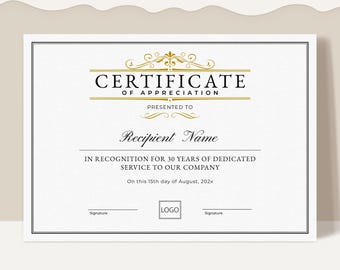 Certificate of Appreciation, Editable Employee Appreciation Certificate Template, Years of Service Corporate Award Digital Download, Jet046