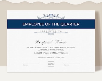 Editable Employee of the Quarter Certificate Template, Minimalist Printable Employee of the Month Year Company Award Instant Download 046
