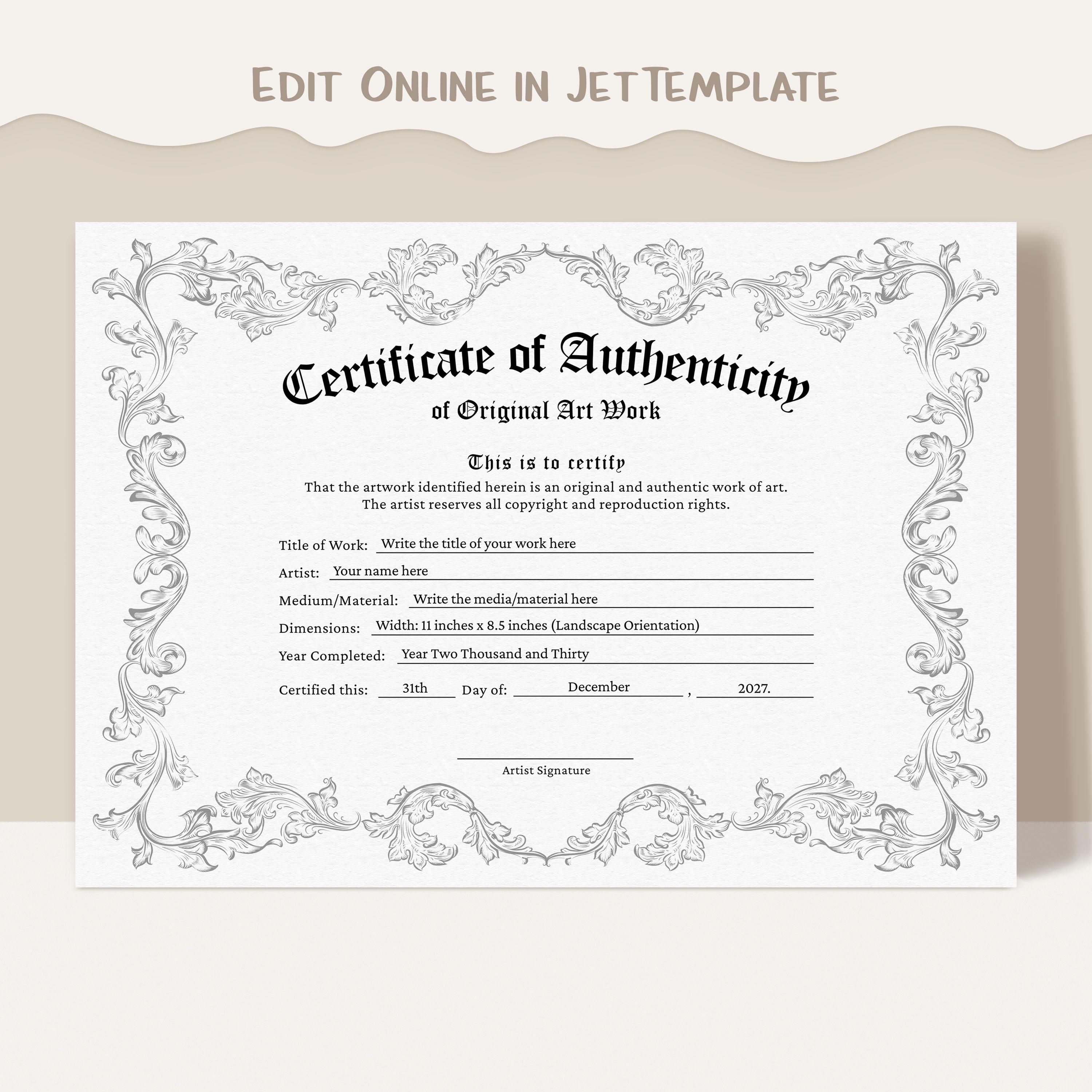 Certificate of Authenticity, Editable Authenticity Certificate