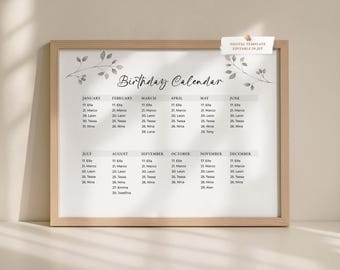Editable Printable Perpetual Birthday Calendar Minimalist Calendar Reusable Template Birthday Reminder Calendar Greenery Download Jet182