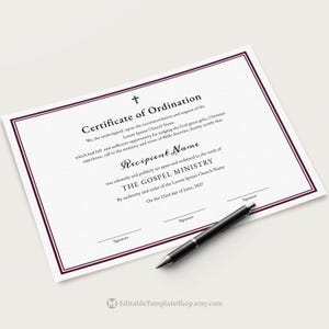 Certificate of Ordination, Gospel Ministry Certificate Template, Editable Printable Ordained Minister Minimalist Certificate Download Jet072 image 2