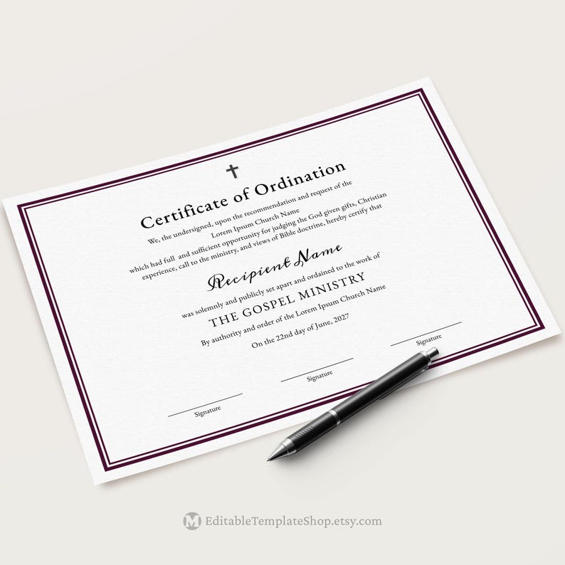 Certificate of Ordination, Gospel Ministry Certificate Template, Editable Printable Ordained Minister Minimalist Certificate Download Jet072 image 2