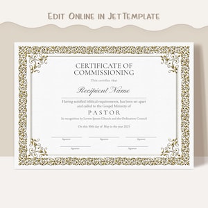 Pastor Installation Certificate Template, Editable Pastor Certificate of Commissioning, Minister Certificate of Ordination Download Jet222