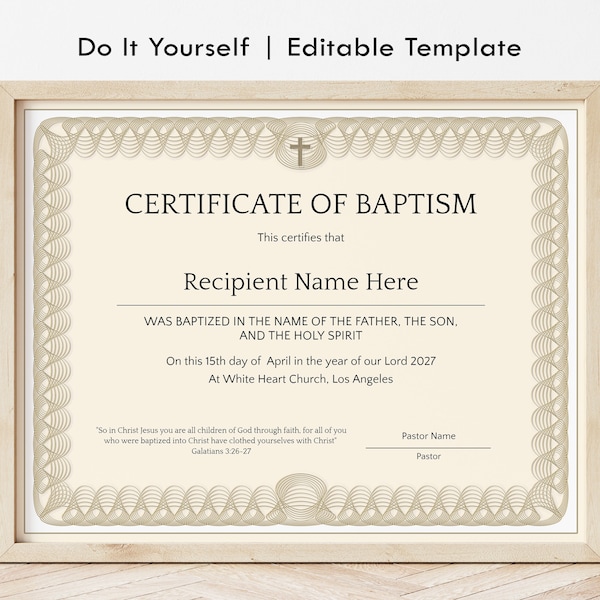 Baptism Certificate Template, Editable  Printable Certificate of Baptism, Christening Template Digital Download, Jet316
