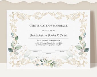 Editable Wedding Certificate Template, Printable Certificate of Marriage Wedding Keepsake Certificate, Wedding Ceremony Digital Download 248