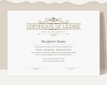 Editable License to Preach Template, Printable Certificate of License, Minister's License, Elegant Certificate Template Download Jet021