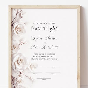 Moderne Hochzeitsandenken-Zertifikatsvorlage mit Rosen, bearbeitbare Heiratsurkunde, anpassbares Geschenk für die Hochzeit Download Jet153