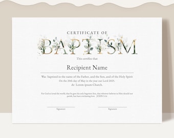 Editable Baptism Certificate Template, Printable Certificate of Baptism, Minimalist Greenery Baptism Template Instant Download, Jet309