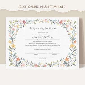Plantilla de certificado de nombramiento de bebé, editable, imprimible, certificado de ceremonia de nombramiento, certificado del día del nombramiento, lindo marco floral, descarga Jet376