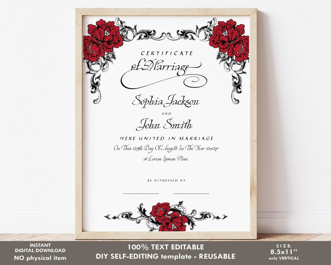Gothic Wedding Editable Certificate Template Printable - Etsy