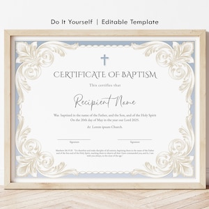 Plantilla editable de certificado de recuerdo de bautismo, certificado de bautismo con nombre, descarga digital, Jet301