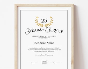 25 Years of Service Anniversary Award Certificate of Appreciation Editable Employee Recognition Certificate Template Digital Download Jet334