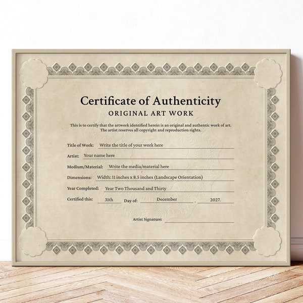 Vintage Certificate of Authenticity Editable Authenticity Certificate Template COA Authenticity for Artwork Artist Certificate Download 184