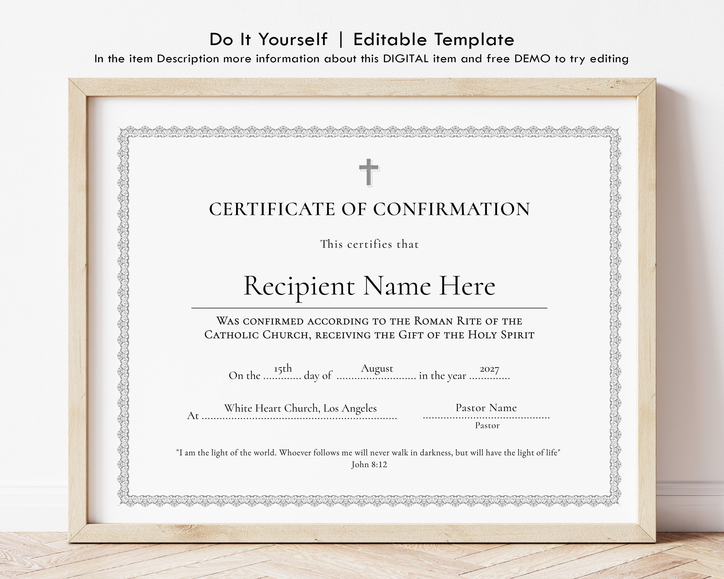 Certificate of Confirmation, Editable Religious Catholic Confirmation Certificate, Minimalist Religious Printables Digital Download Jet196