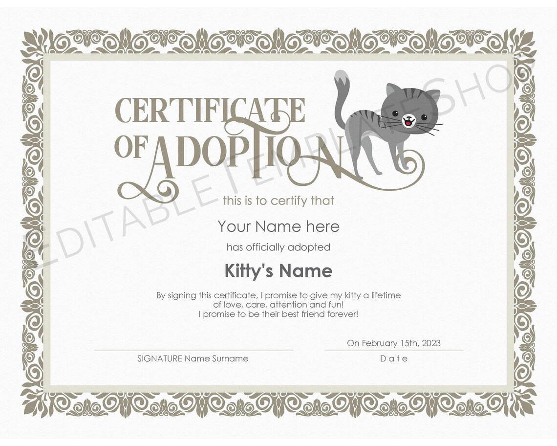 EDITABLE Certificate of Cat Adoption Template Printable Pet Etsy
