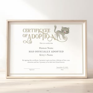 Plantilla de certificado de adopción de mascotas, editable, minimalista, para fiestas de cumpleaños de gatos, descarga Jet186