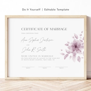 Minimalistische Hochzeitsandenken Zertifikat Vorlage, Bearbeitbare Heiratsurkunde, Aquarell Lila Blumen Zertifikat Download Jet017