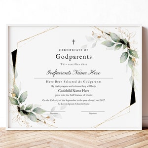 Plantilla editable de certificado de padrinos, regalo de padrinos, recuerdo de bautizo, certificado de madrina y padrino, descarga digital 351