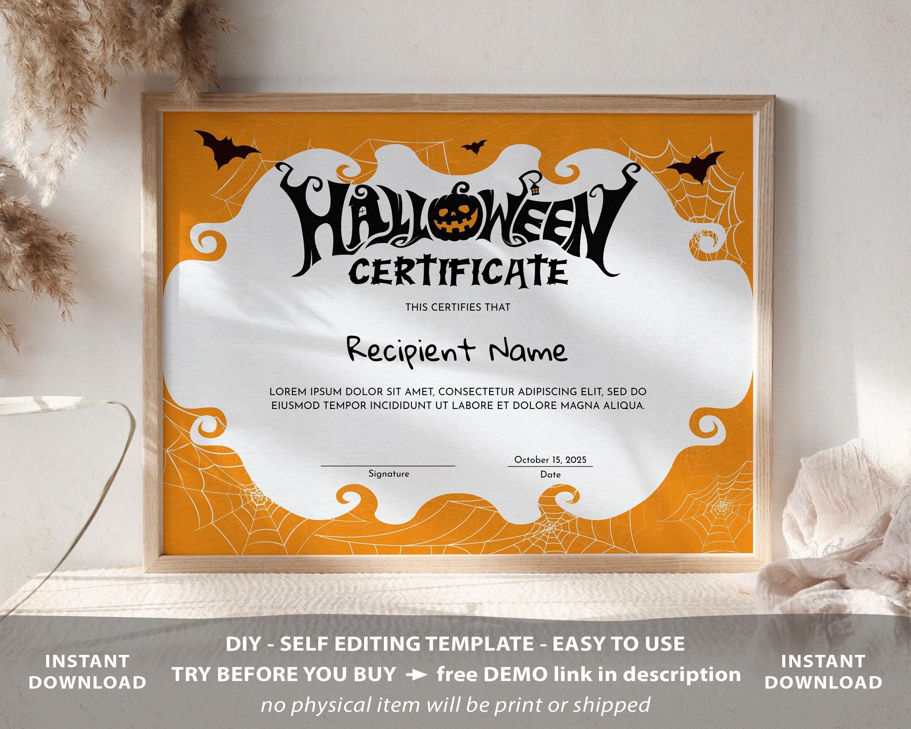 Halloween Certificate Template Editable Halloween Best  Etsy With Regard To Halloween Costume Certificate Template