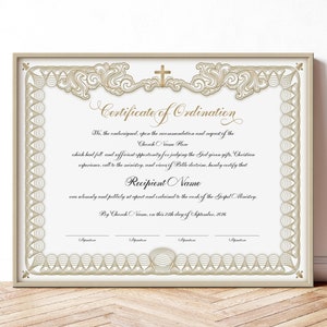 Plantilla de certificado de ordenación, Certificado de ordenación ministerial editable, Certificado de pastor ordenado, Clásico, Caligrafía, Jet355