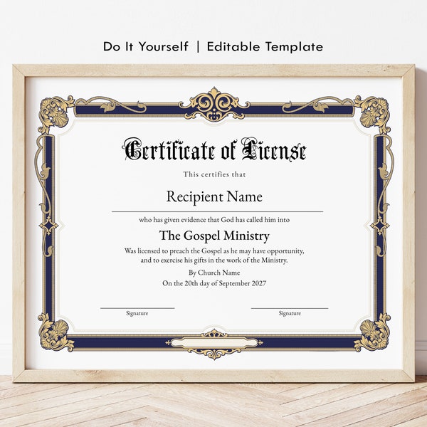 Certificate of License, Editable License to Preach Certificate Template, Printable Minister License, Ministry License Download Jet070