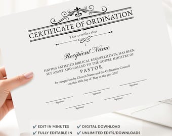 Ordinationsintyg, certifikatmall för evangelietjänst, utskrivbar, ordinerad präst, gör-det-själv-redigerbar, digital nedladdning, Jet021