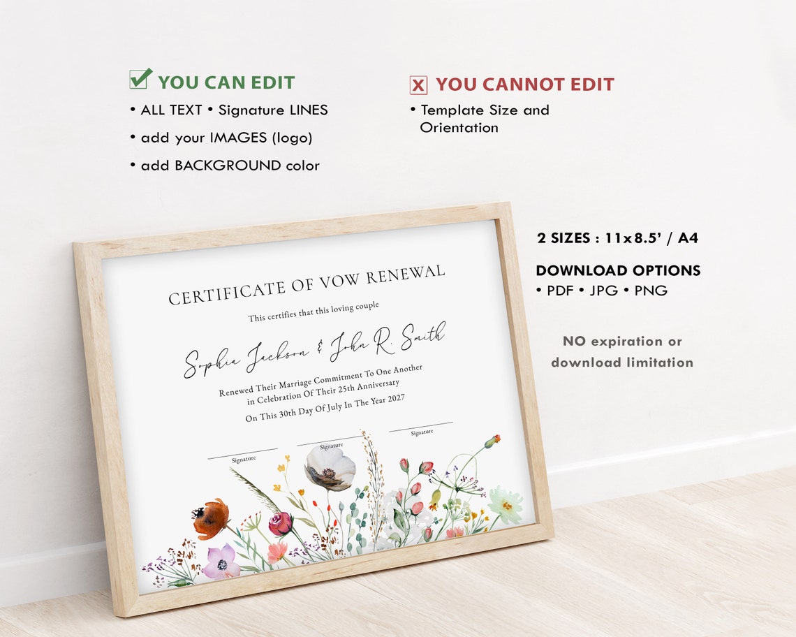 Editable Vow Renewal Certificate Template Printable - Etsy