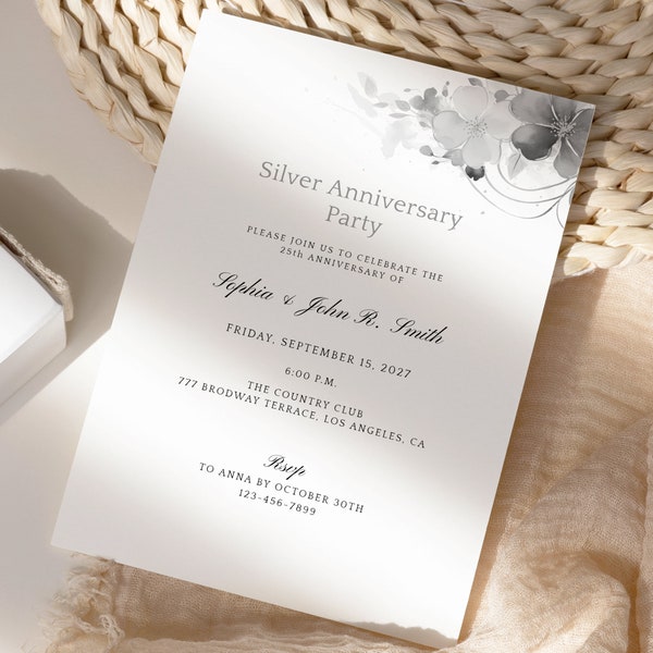 25th Wedding Anniversary Party Invitation, Silver Anniversary Invitation Template, 25 Years of Marriage EDITABLE Invite Digital Download 347