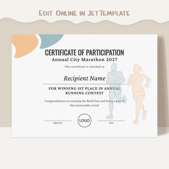 Editable Running Certificate Award Template, Sports Certificate Template, Printable Running Certificates, Running Award Digital Download 166