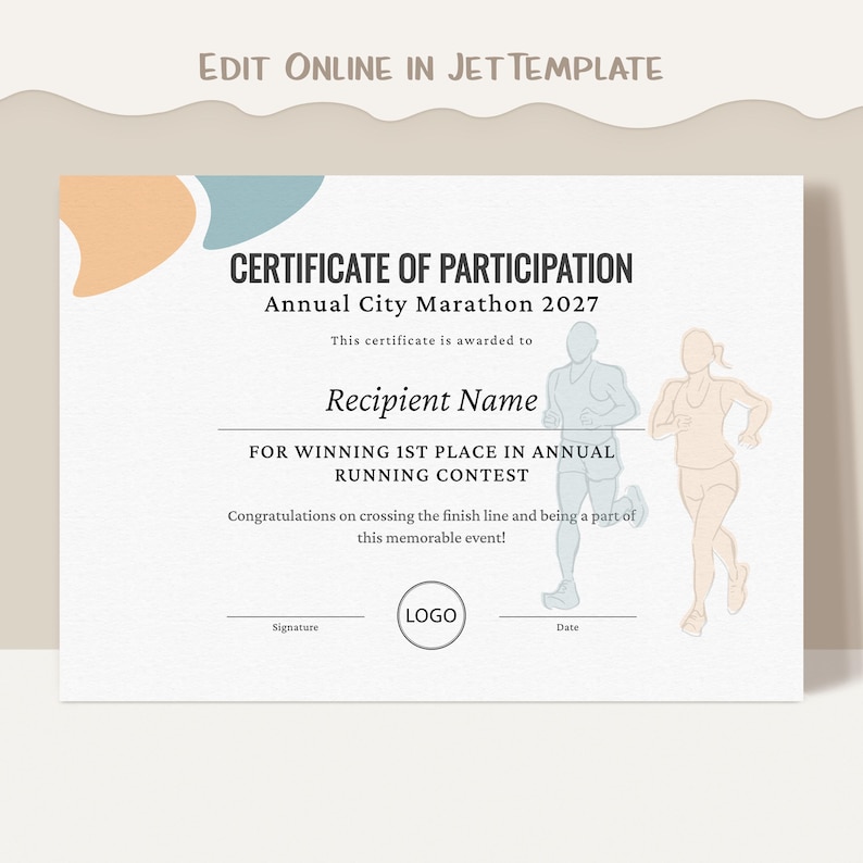 May include: A white certificate of participation for the Annual City Marathon 2027 featuring text, a placeholder for a name, and line art illustrations of two runners in blue and peach. The top text reads Edit Online in JetTemplate.