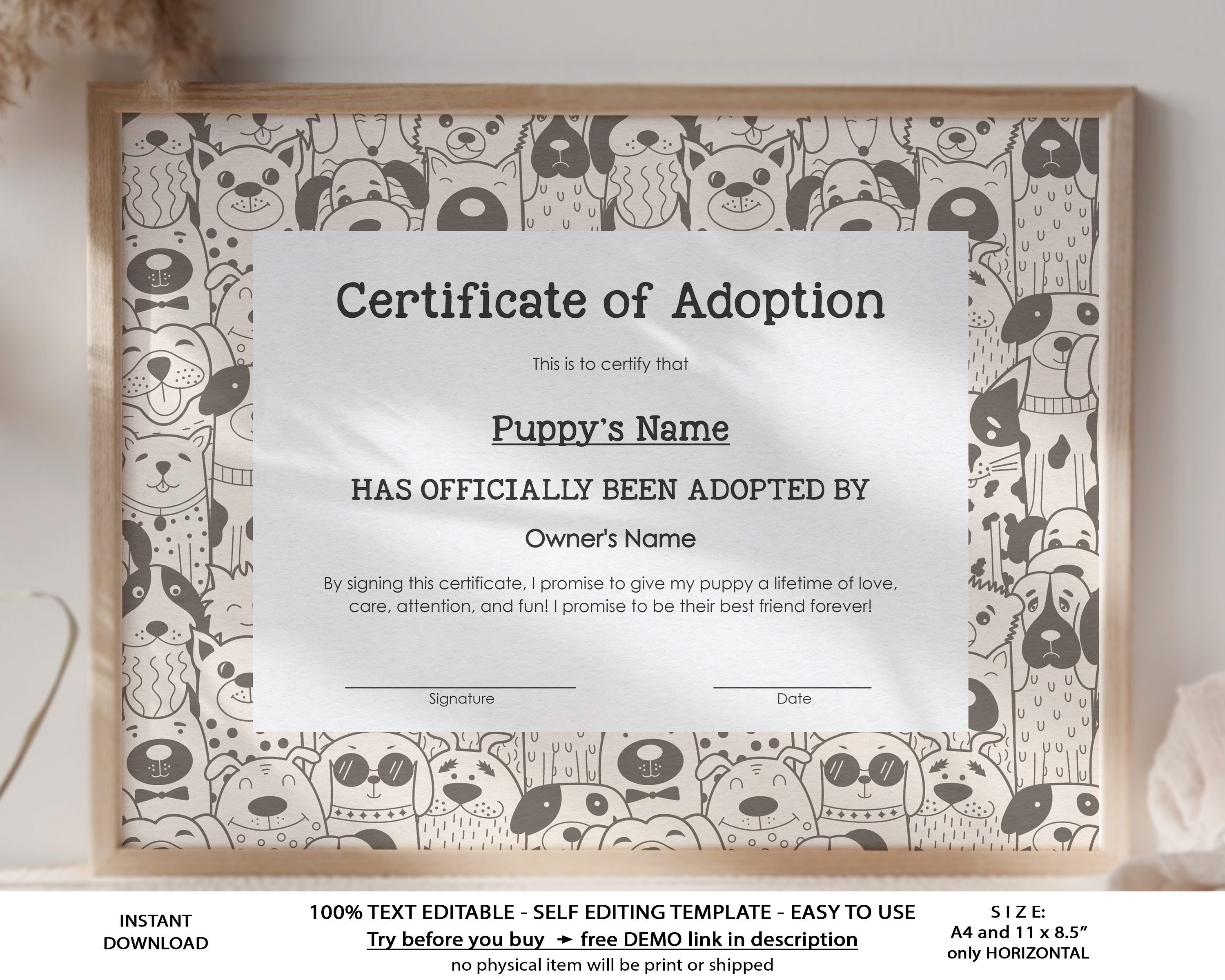EDITABLE Adoption Certificate Template, Puppy Gift Adoption Puppy Owner  Certificate, Dog Adoption Gift Certificate Digital Download, Jet21