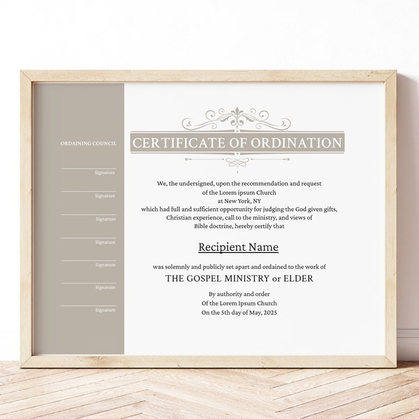 Editable Ordination Certificate Template, Printable Certificate of Ordination Gospel Ministry Elder Certificate Download Jet071