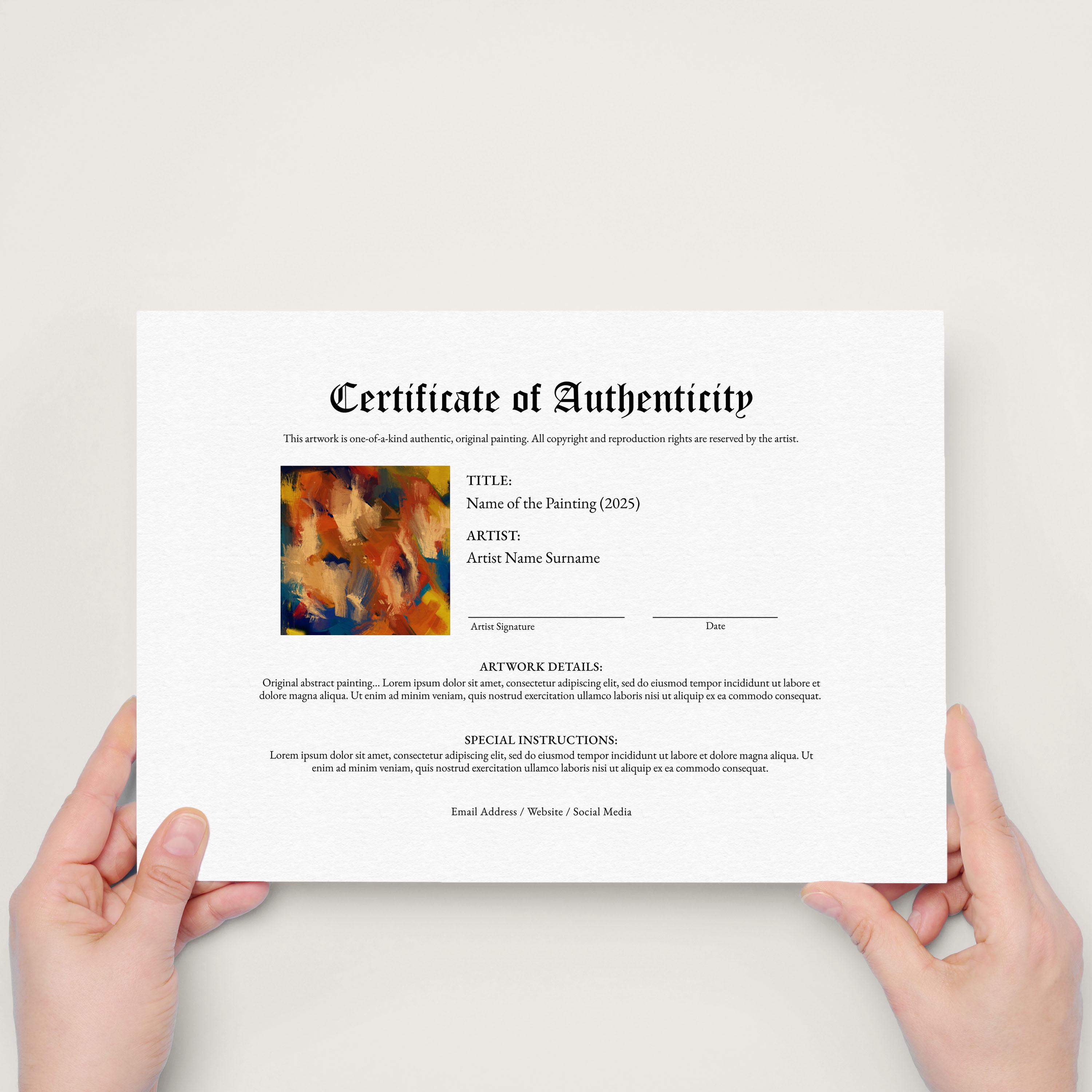 Editable Certificate of Authenticity for Artwork, Authenticity
