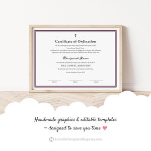 Certificate of Ordination, Gospel Ministry Certificate Template, Editable Printable Ordained Minister Minimalist Certificate Download Jet072 image 5